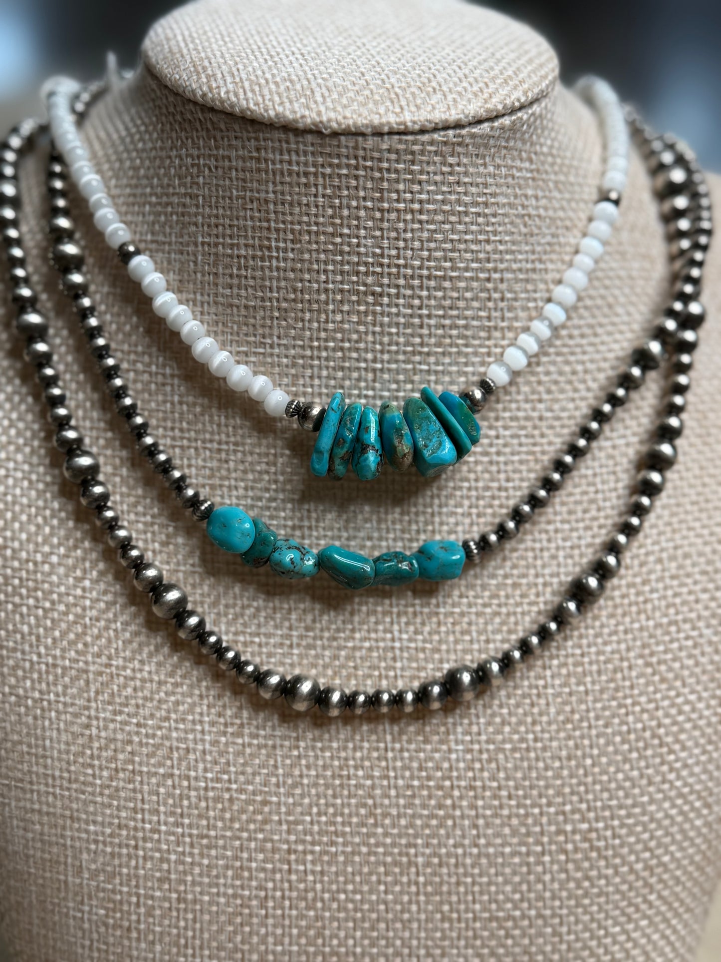 Sterling Beads, Genuine Turquoise & Cateye beaded necklace 16”