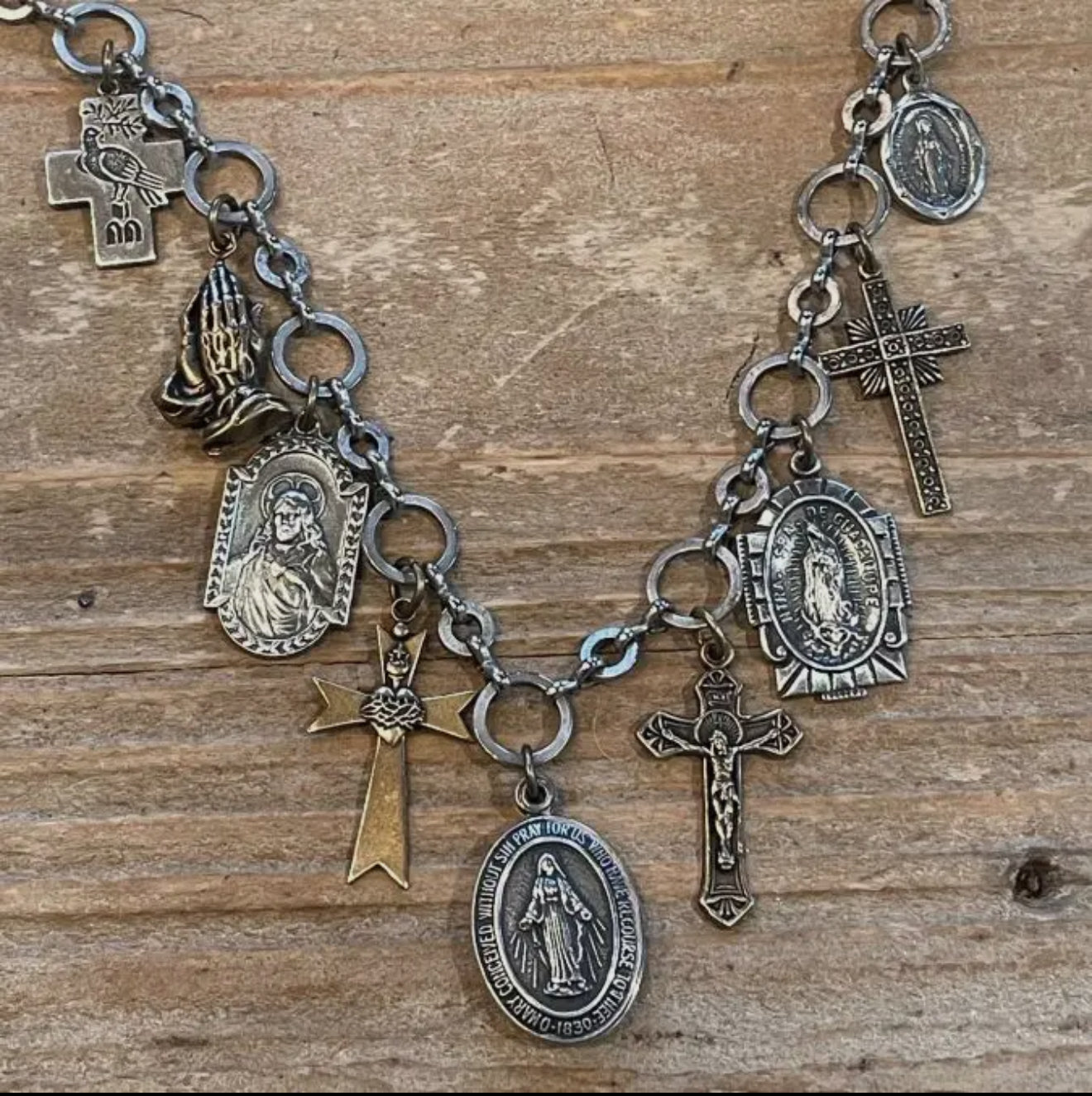 Mixed Metals Religious Charm Necklace.