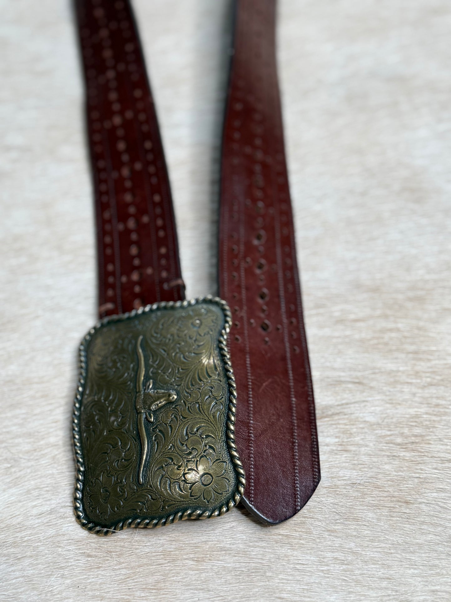 Vintage Leather Belt with Longhorn Buckle