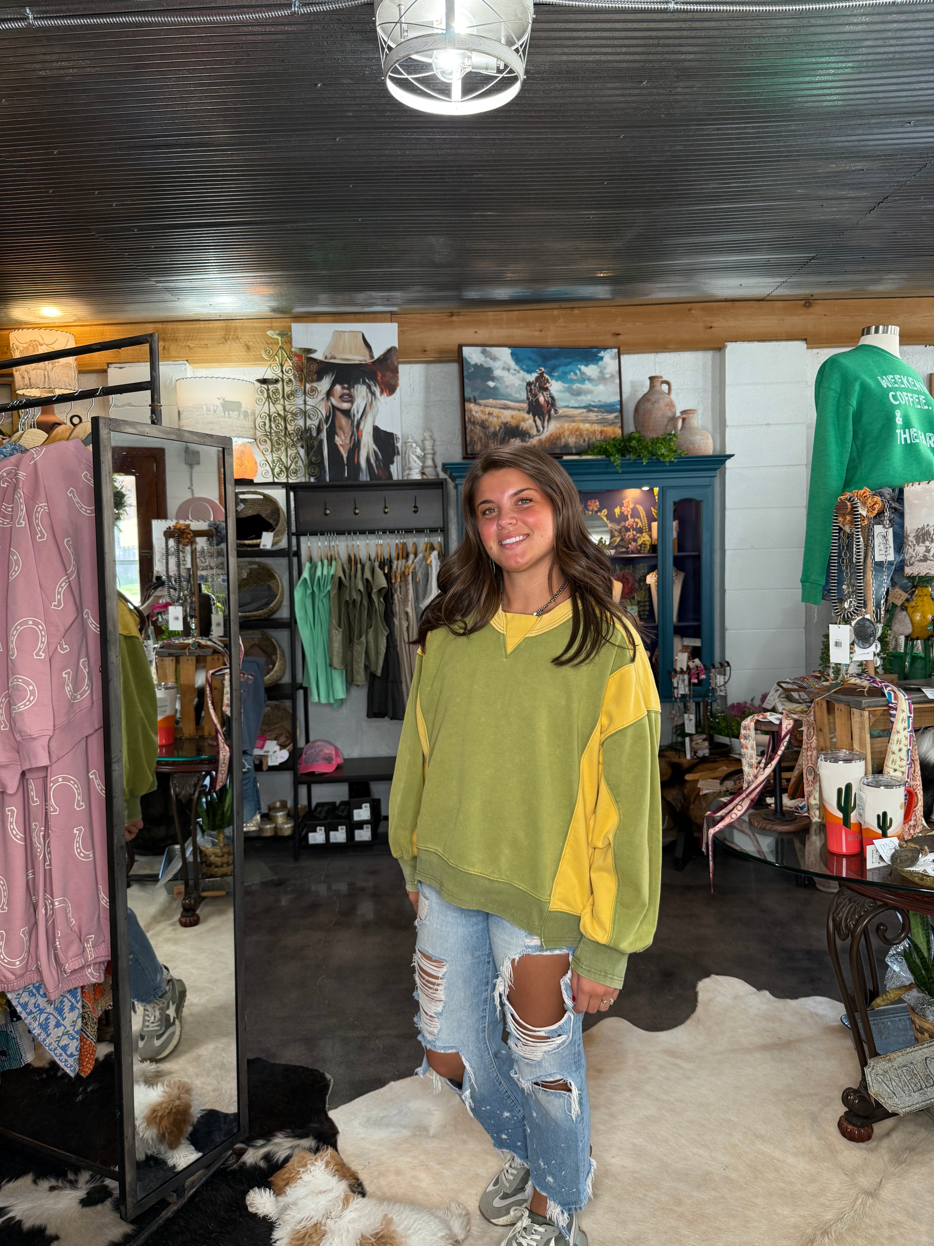 Color Block Crewneck - Sage & Mustard