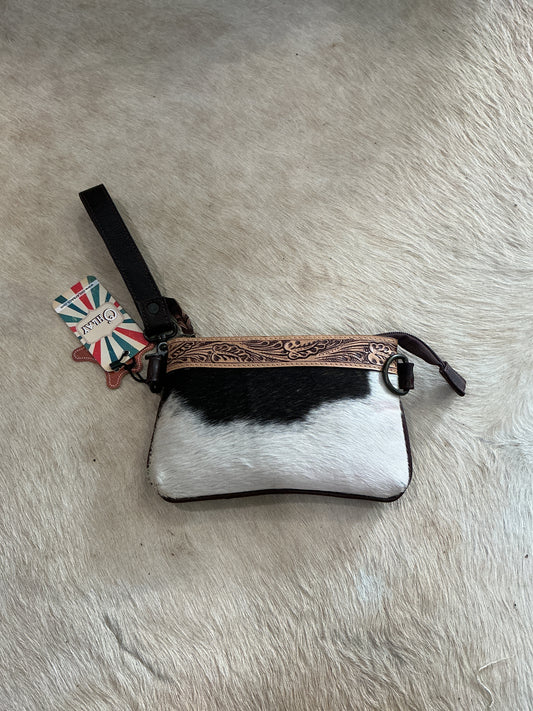 Tooled cowhide wristlet