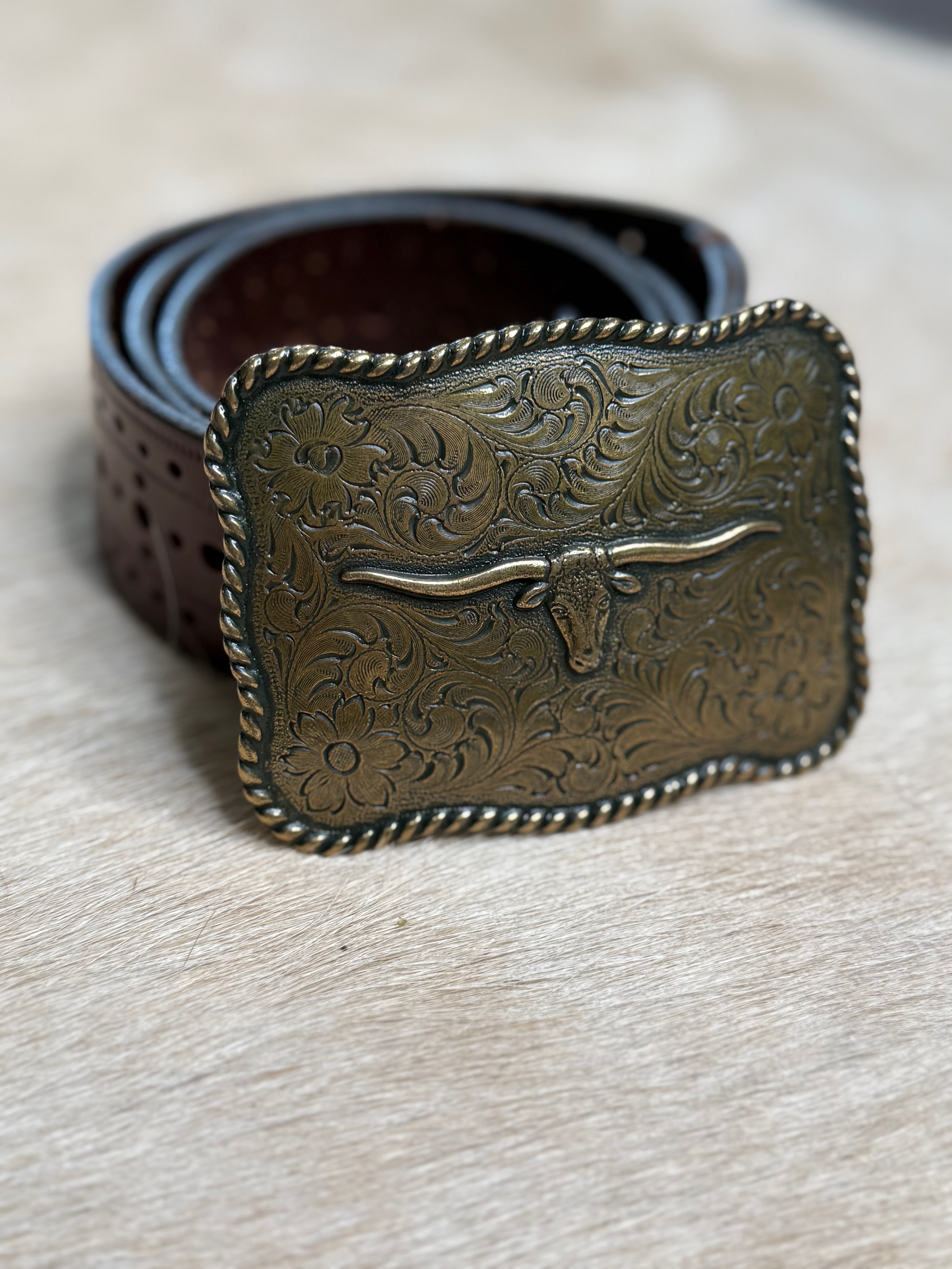 Vintage Leather Belt with Longhorn Buckle