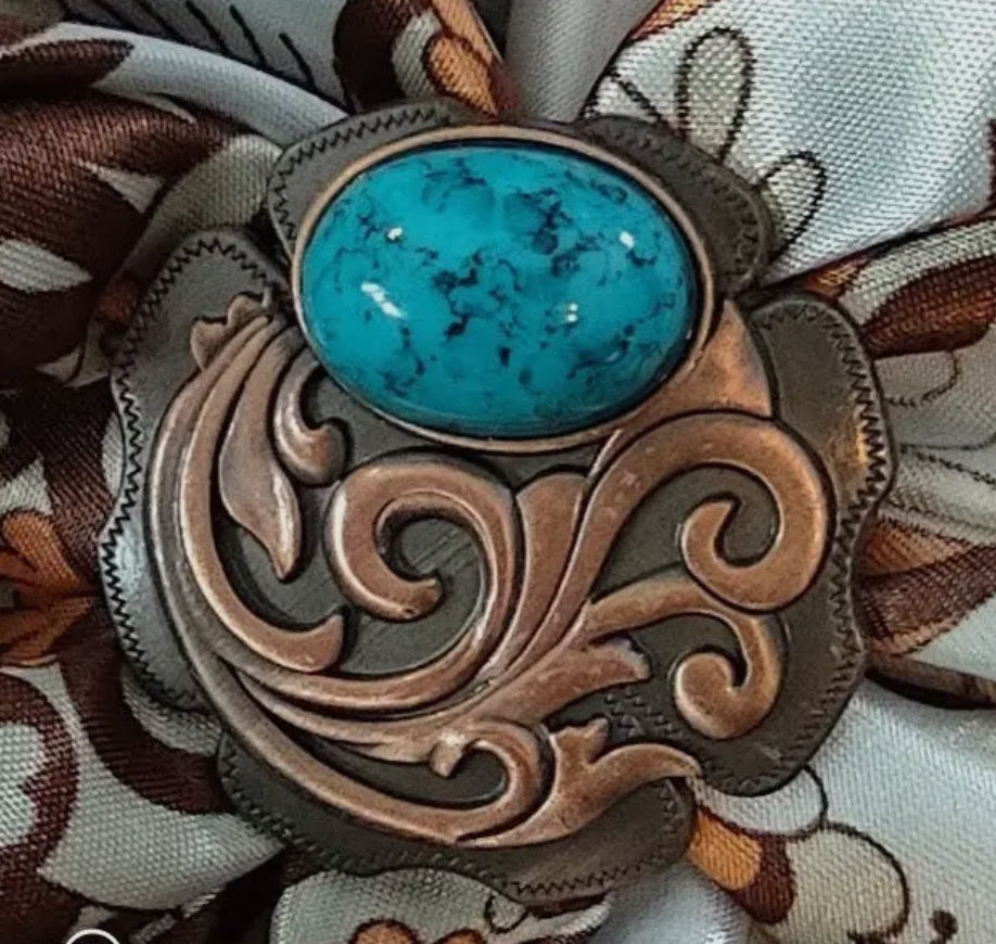 Bronze Filigree with faux turquoise stone scarf slide