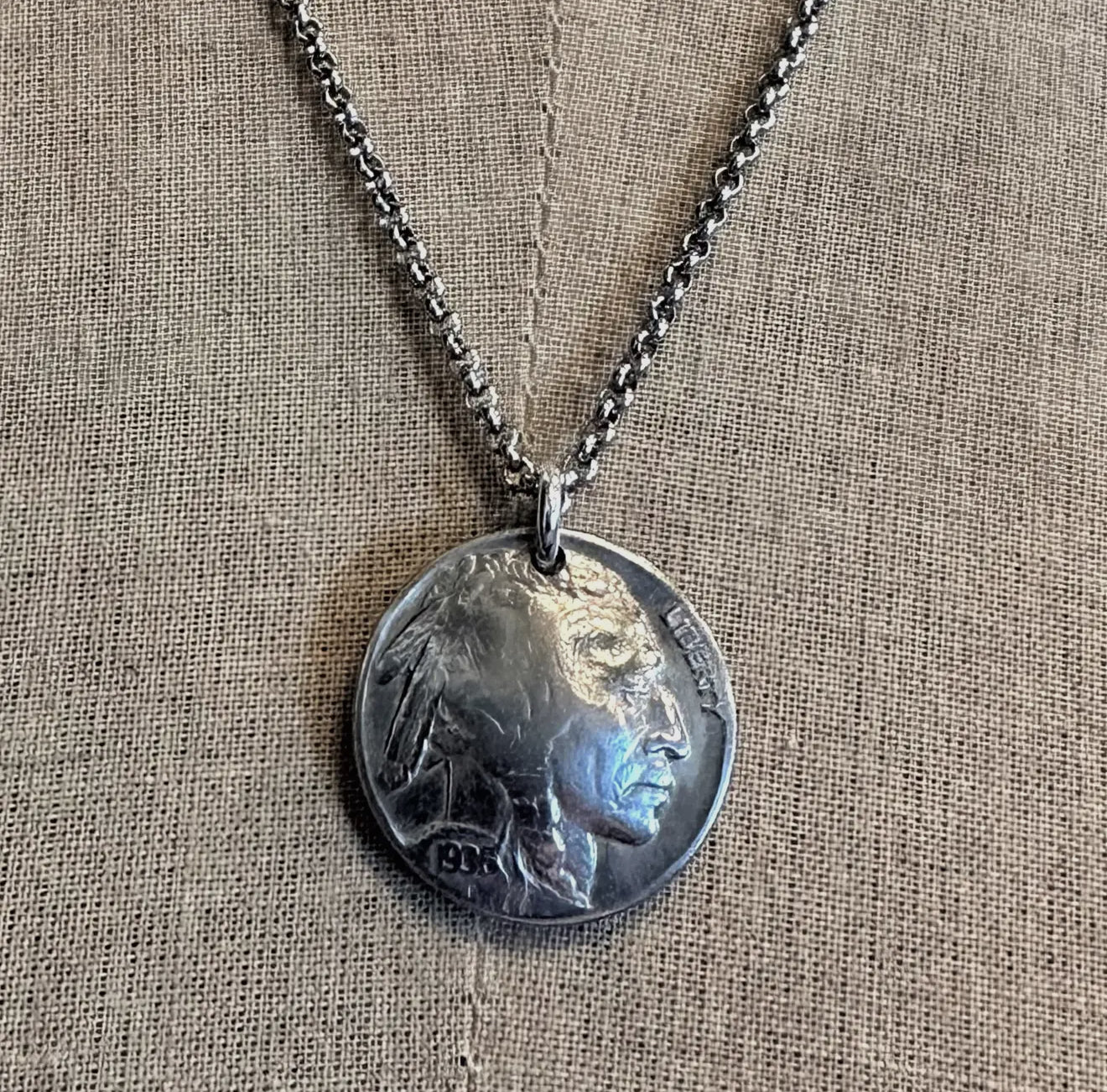 Authentic Buffalo/Indian head nickels Necklace Antique Silver 18 inches.