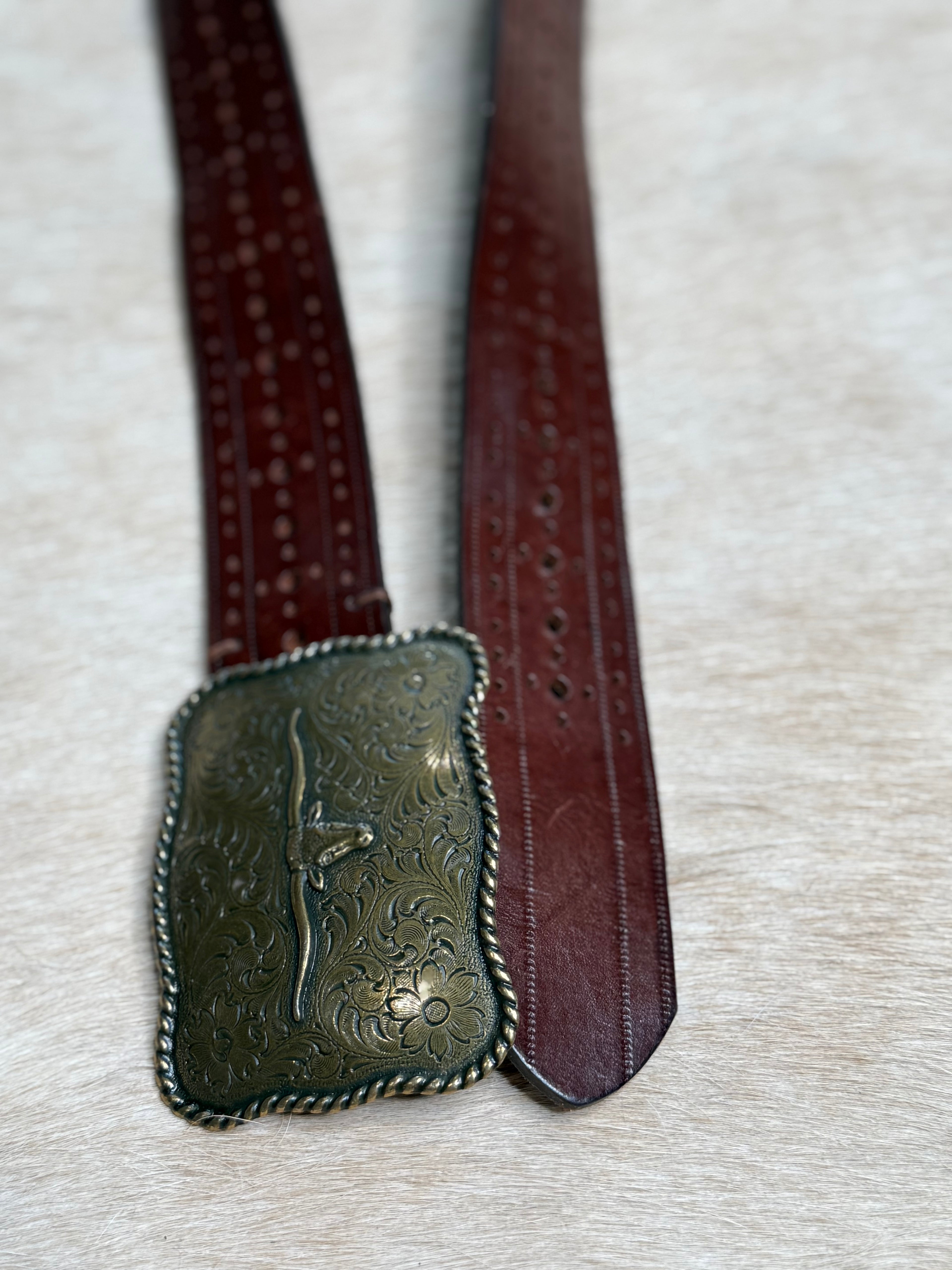 Vintage Leather Belt with Longhorn Buckle