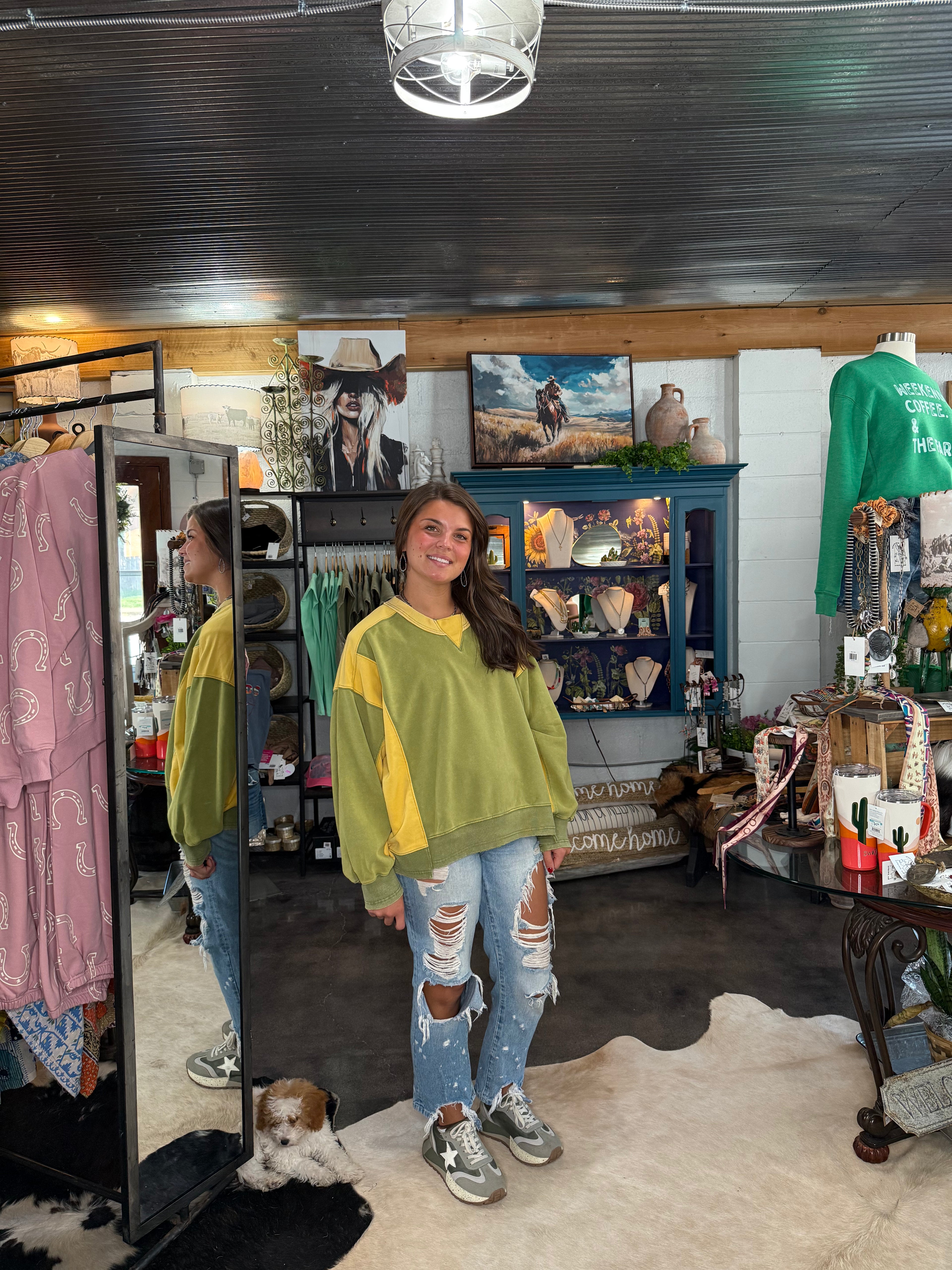 Color Block Crewneck - Sage & Mustard