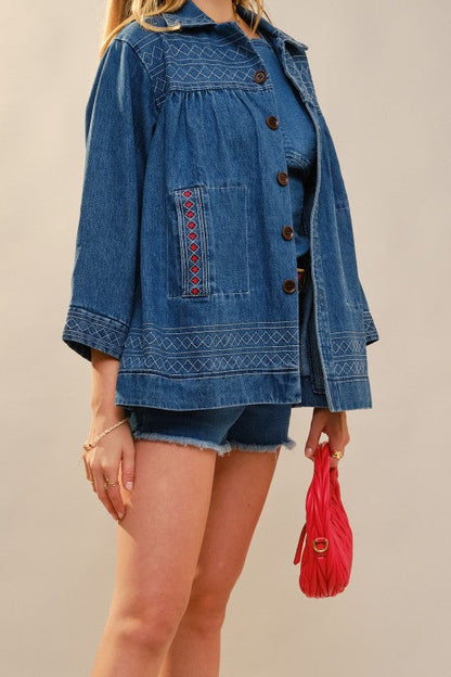 Embroidery Oversized Denim Shacket